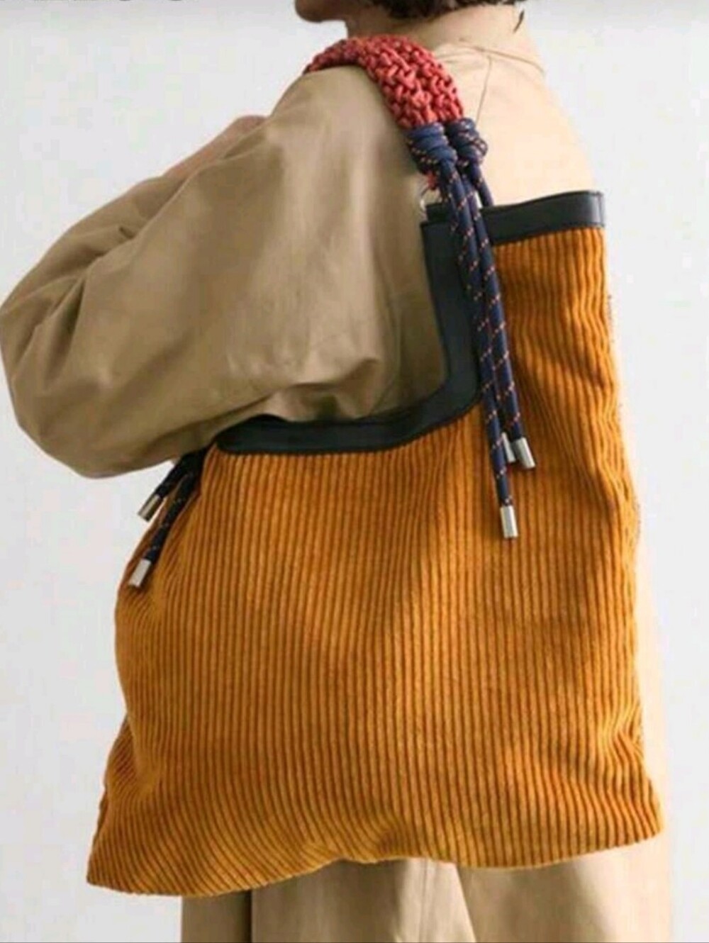 Corduroy Tote Bag with Navy Rope Strap - Mustard - Picture 1 of 5